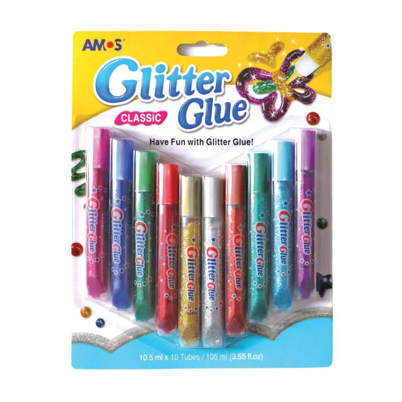 Amos Glitter Glue Pack with 10 tubes of non-toxic glitter glue, perfect for arts and crafts projects.