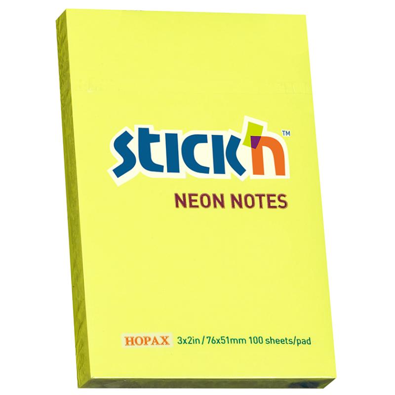 Bright neon lemon sticky notes, 76x50mm, 100 sheets for reminders and organizing, repositionable for easy use.