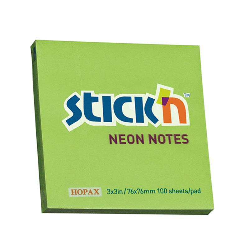 Vibrant Neon Green Stick'n Notes, 76x76mm, 100 sheets for reminders and organization in your workspace.