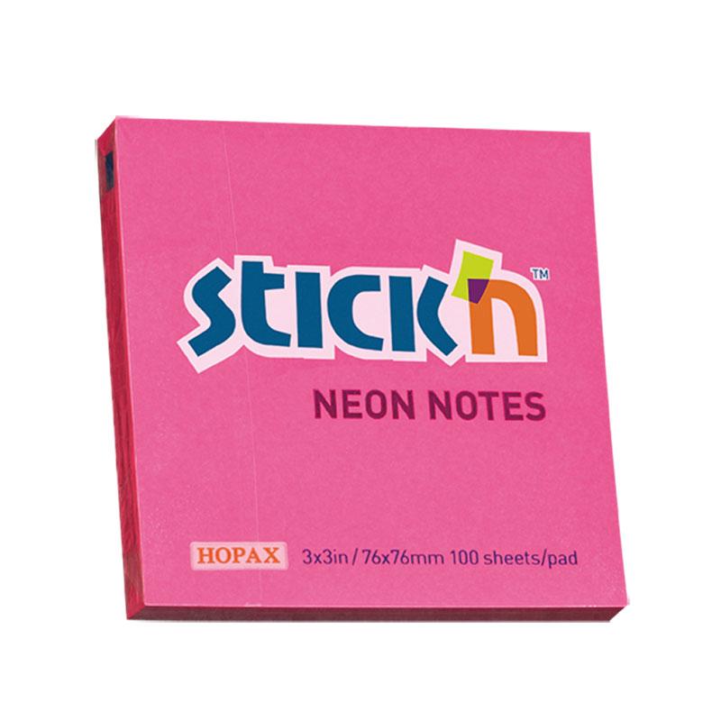 Vibrant Neon Magenta sticky notes, 76x76mm, 100 sheets for easy note-taking and organizing ideas.