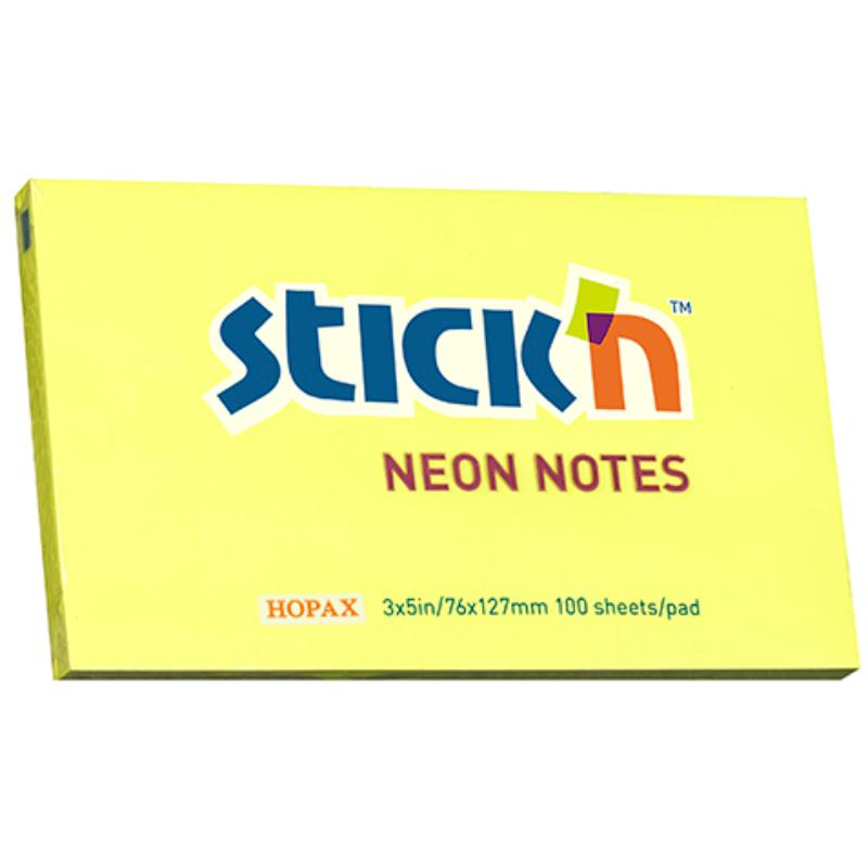 Bright neon yellow sticky notes, 76x127mm size, 100 sheets for reminders and notes, perfect for home and office use.