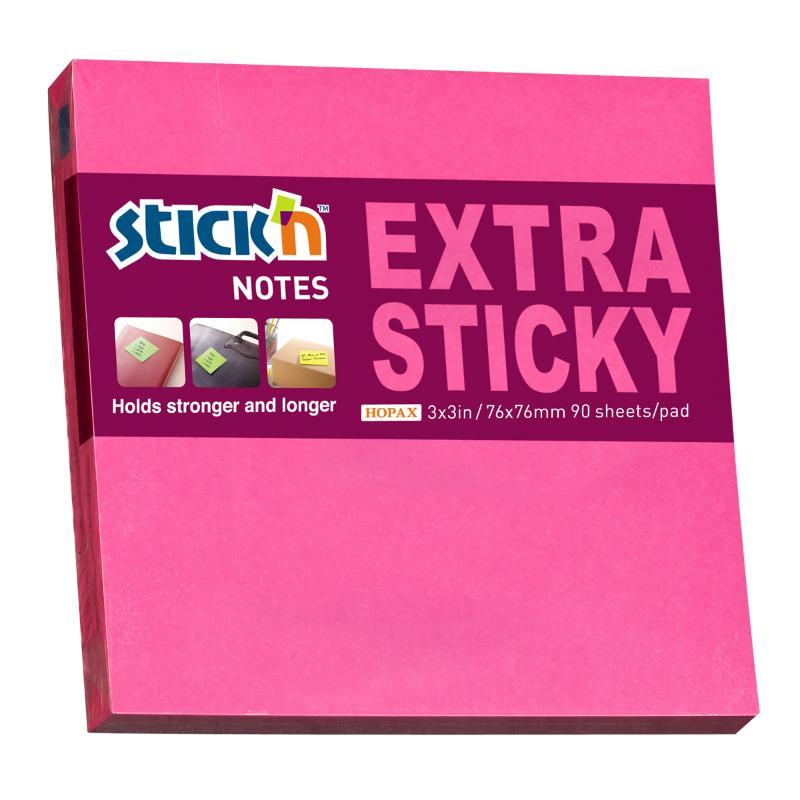 Neon magenta sticky notes, extra sticky, 76x76mm, 90 sheets for vibrant reminders and organization.