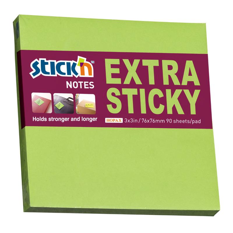 Vibrant Neon Green Stick'n Extra Sticky Notes, 76x76mm, 90 sheets for effective organization and creativity.