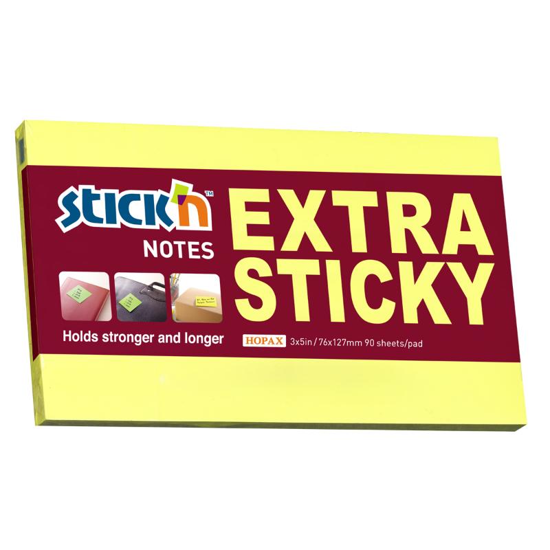 Bright Neon Lemon sticky notes, 76x127mm, extra sticky, 90 sheets for reminders and organization.