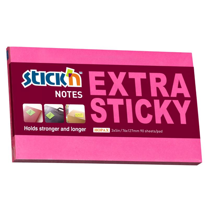 Vibrant neon magenta extra sticky notes, 76x127mm, ideal for organization with 90 sheets per pad.