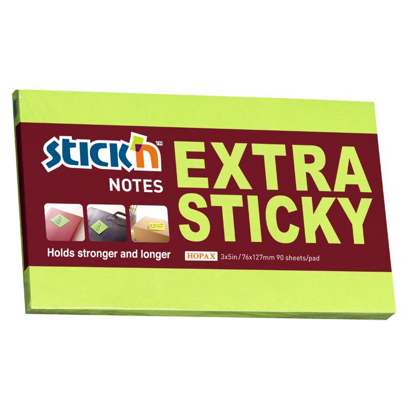 Neon green extra sticky notes, 76x127mm, 90 sheets for reminders and creative jotting.