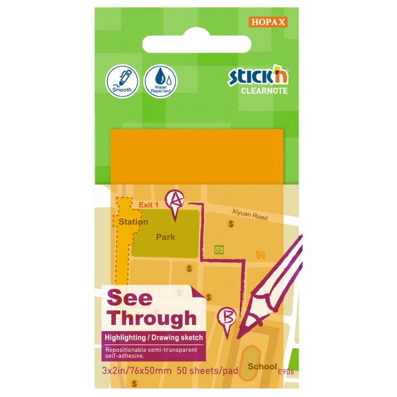 Bright orange self-adhesive transparent notes, 76x51mm, 50 sheets for efficient note-taking without obstructing documents.