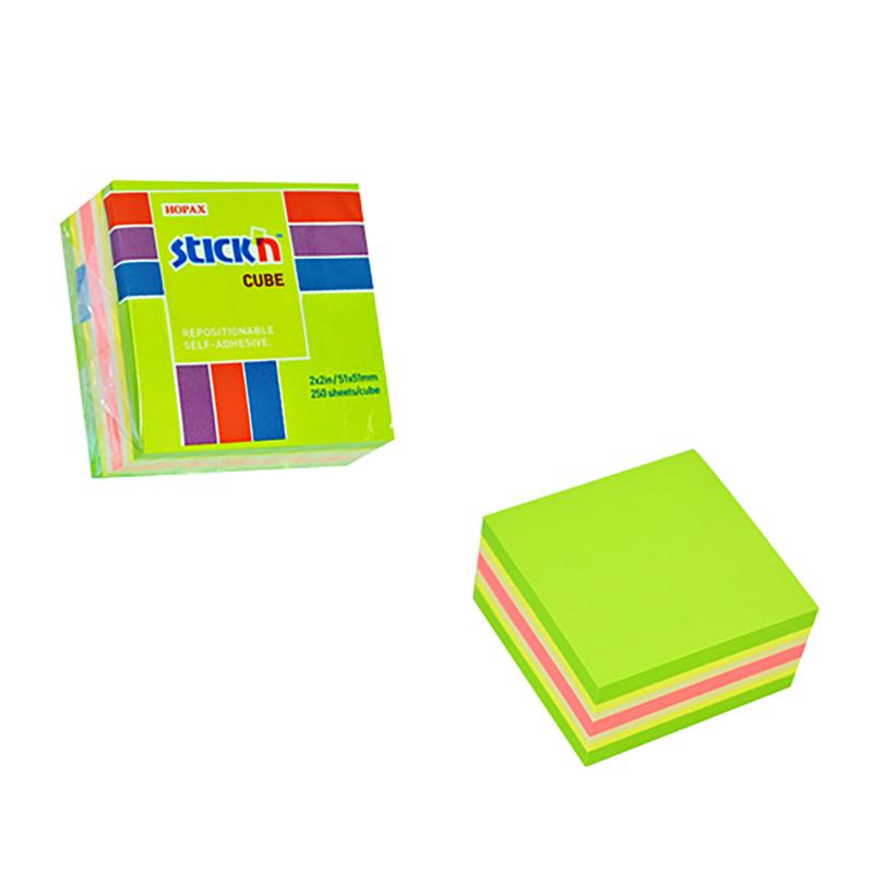 Colorful Stick'n Note Cube with 250 repositionable sheets in neon and pastel shades, perfect for reminders and organization.