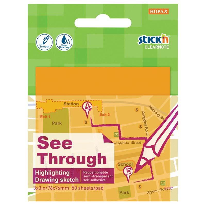 Vibrant orange transparent sticky notes, 76x76mm, 50 sheets, perfect for reminders and organization.