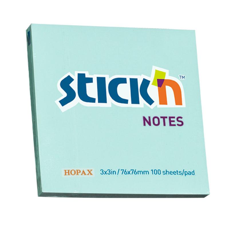 Blue Stick'n Notes 76x76mm pad with 100 sheets for reminders and organization, ideal for home and office use.