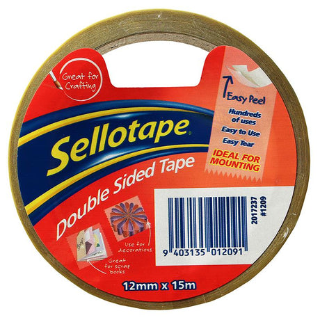 Sellotape 1209 Double Sided Tape, 12mm x 15m, perfect for crafts, home repairs, and DIY projects in Australia.