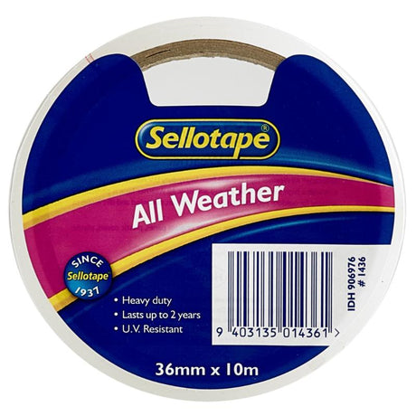 Sellotape 1436 All-Weather Tape 36mmx10m, strong adhesive, moisture and UV resistant for indoor/outdoor use.