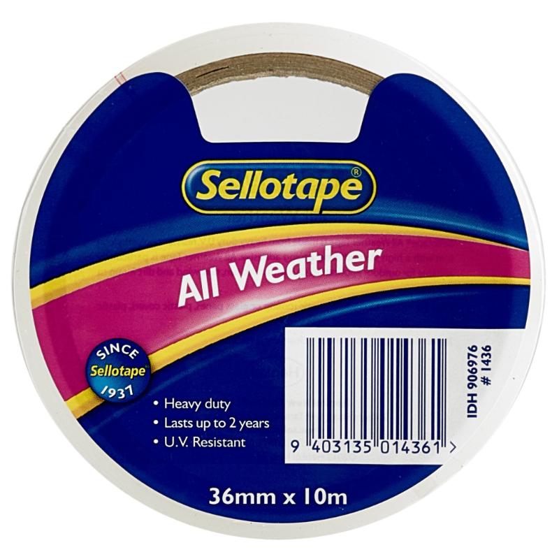 Sellotape 1436 All-Weather Tape 36mmx10m, strong adhesive, moisture and UV resistant for indoor/outdoor use.