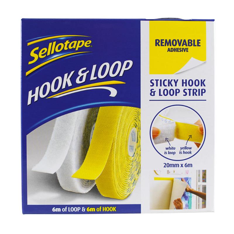Sellotape Sticky Hook & Loop Strip 20mm x 6m, ideal for versatile, removable adhesion in creative projects and home decor.