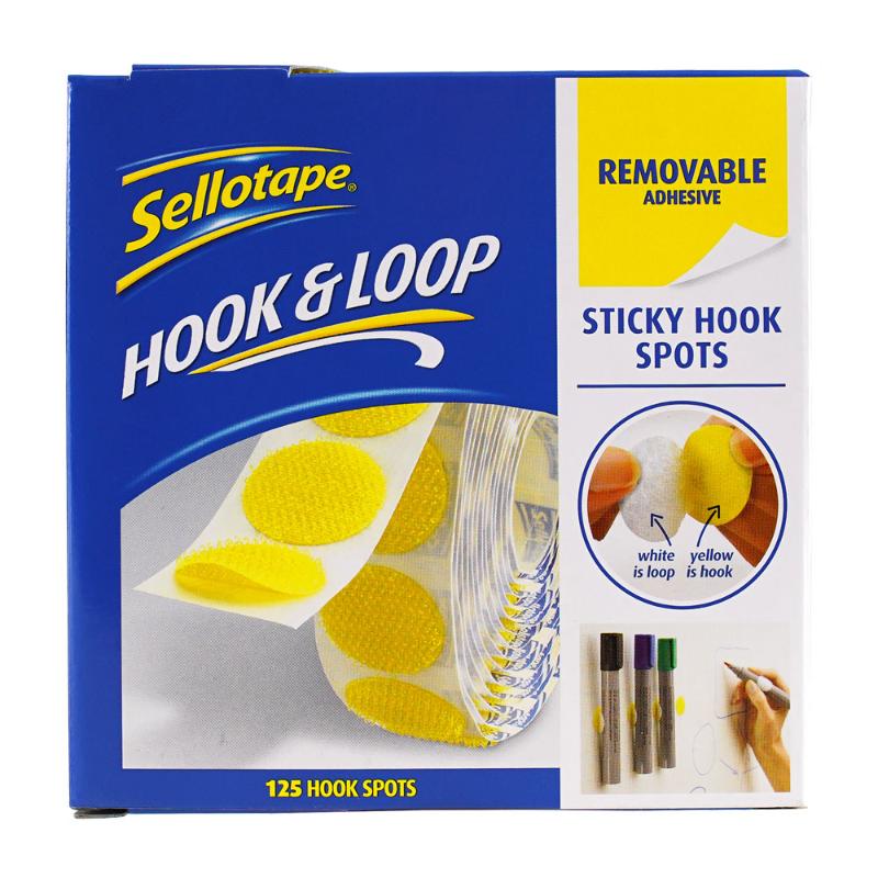 Sellotape Sticky Hook Spots: 22mm removable adhesive for easy hanging and repositioning, perfect for home or office use.