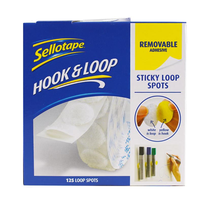 Sellotape Sticky Loop Spots 22mm, removable adhesive for hanging and organizing, 125 pack for versatile indoor use.