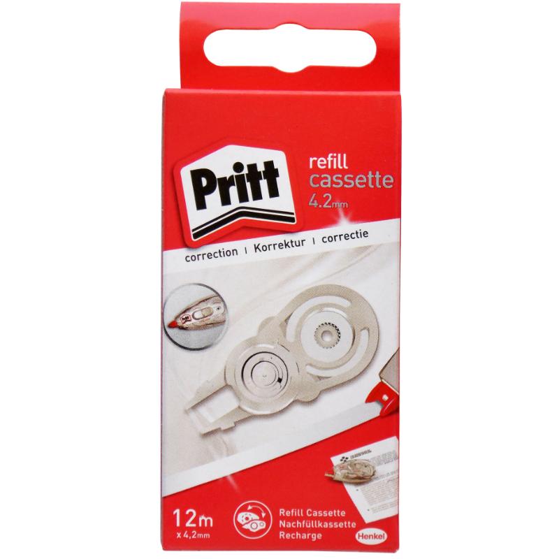 Pritt Correction Roller Refill 4.2mm x 12m for quick, precise error correction in a tear-resistant, transparent design.