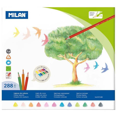Milan Coloured Pencils Triangular Box with 288 assorted colours, ergonomic design, and eco-friendly wood for creative expression.