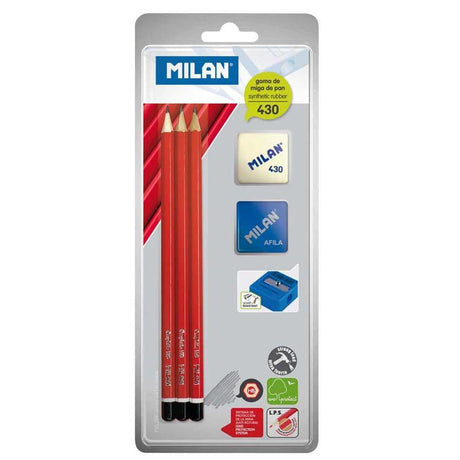 Milan Back To School Combo Pack includes HB pencils, durable eraser, and portable sharpener for students' essential supplies.