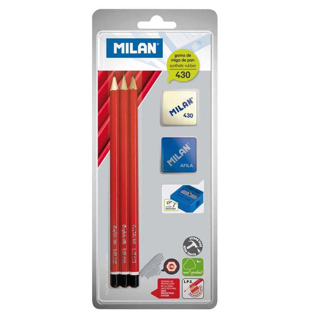Milan Back To School Combo Pack includes HB pencils, durable eraser, and portable sharpener for students' essential supplies.