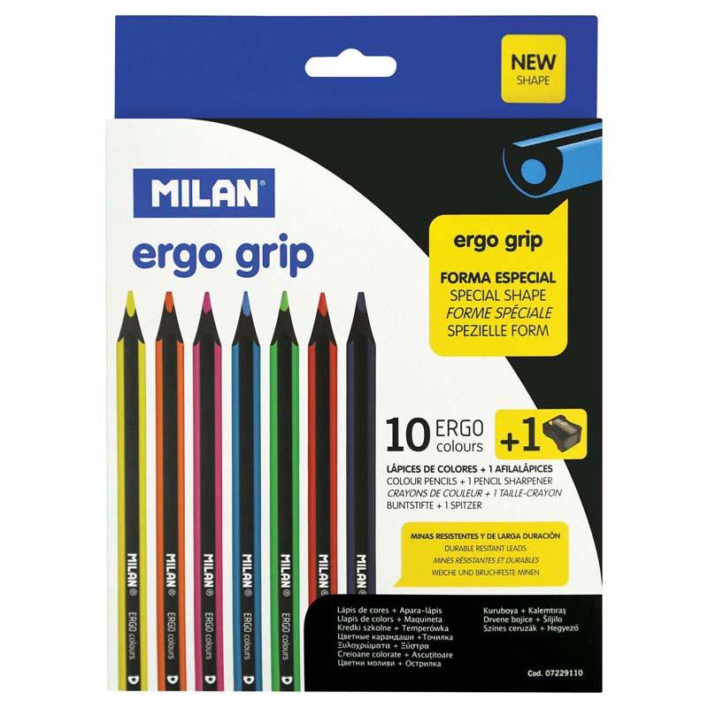 Milan Ergo Pack of 10 colored pencils with ergonomic design and vibrant hues for comfortable and versatile coloring.