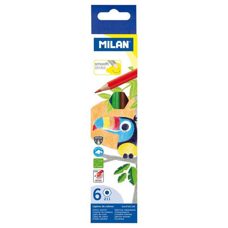 Milan hexagonal coloured pencils in 6 vibrant hues, designed for smooth strokes and comfort during extended art sessions.