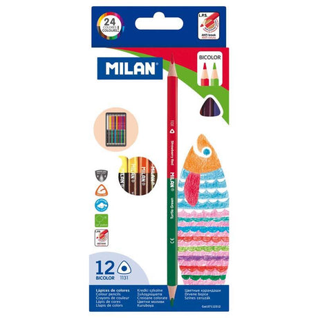 Milan Bicoloured Pencils Pack with 12 double-ended pencils in assorted vibrant colors for artists and hobbyists.
