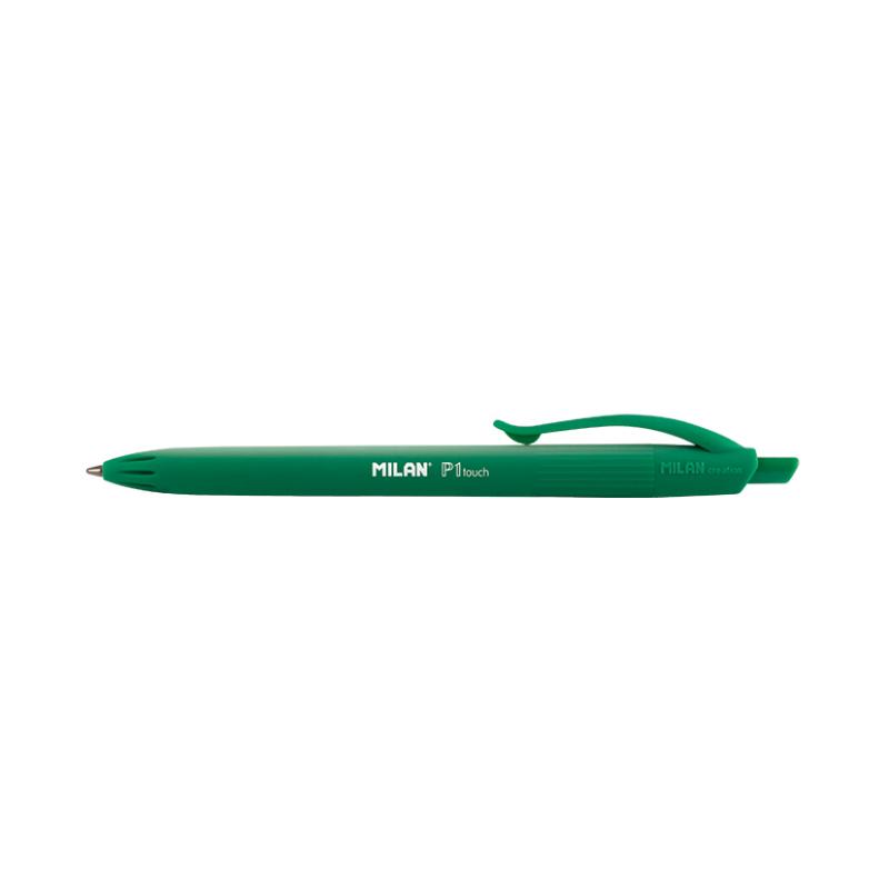 Milan P1 Touch Colours Ballpoint Pen in vibrant green, featuring a 1 mm tip for precision and a comfortable grip for extended use.