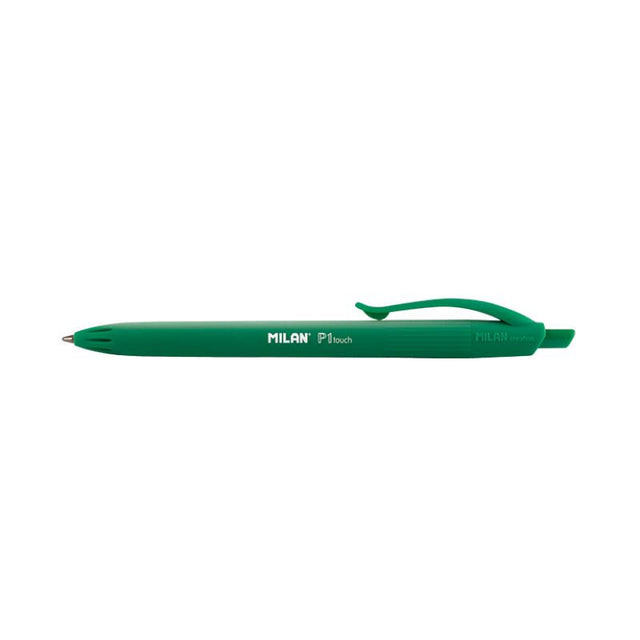 Milan P1 Touch Colours Ballpoint Pen in vibrant green, featuring a 1 mm tip for precision and a comfortable grip for extended use.