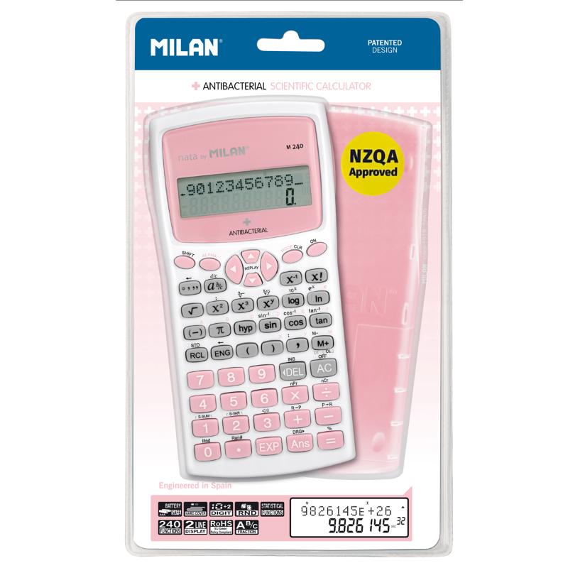 Milan M240 pink antibacterial scientific calculator with translucent cover and silver phosphate treatment for hygiene.