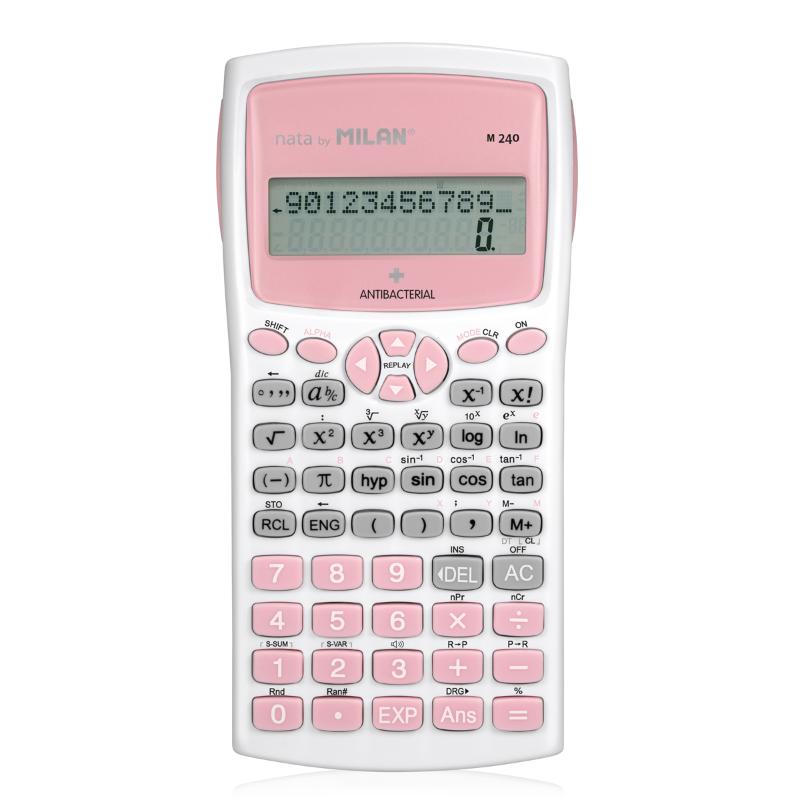 Milan M240 pink antibacterial scientific calculator with translucent cover, ideal for hygienic use in school and office.