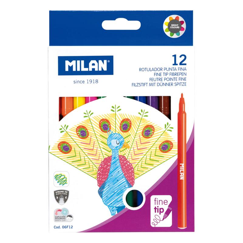 Set of 12 Milan fine tip markers in assorted vibrant colors, perfect for detailed artwork and easy cleaning.