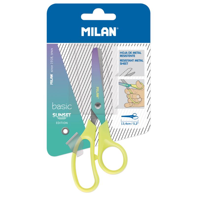 Vibrant yellow-handled Milan Sunset Scissors, 134mm, with stainless steel blades and sunset gradient design, ideal for crafting.