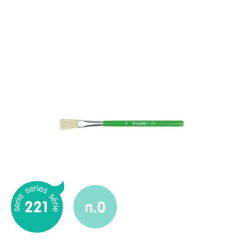 Milan Bristle Hair Brush 221 Series Flat Size 0, featuring a green varnished handle and natural hog bristles for precise applications.
