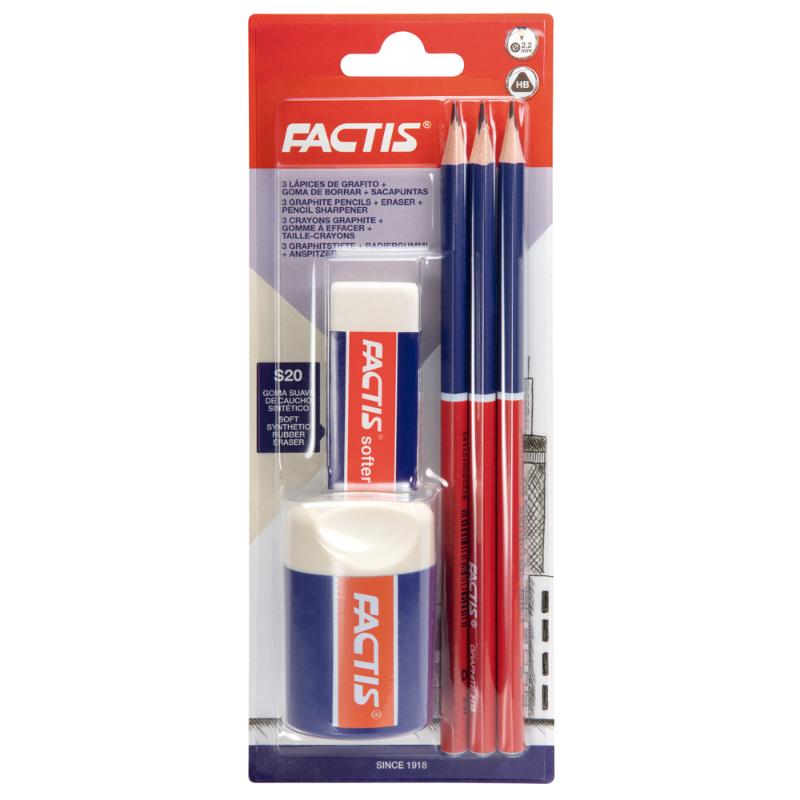 Factis Back to School Stationery Pack with vibrant supplies, including pencils, eraser, and sharpener for academic success.