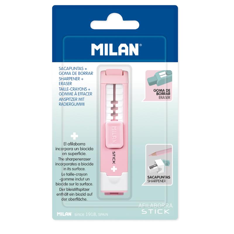 Milan Anti-Bacterial Stick Sharpener Eraser in pink, features a flexible eraser and sharp pencil sharpener for hygienic use.