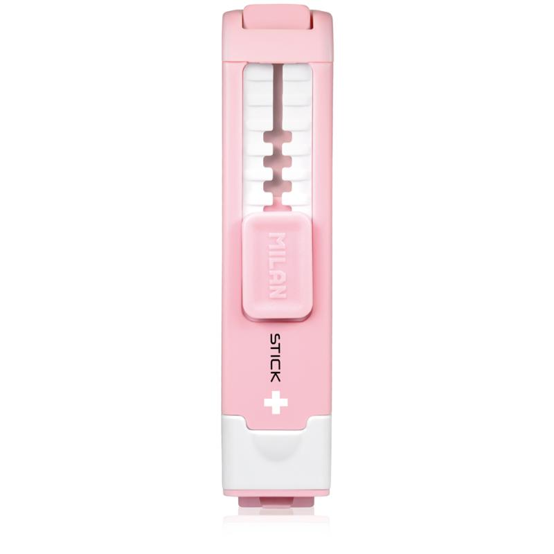 Milan Anti-Bacterial Stick Sharpener Eraser in pink, combining durable eraser and sharpener with hygiene and safety features.