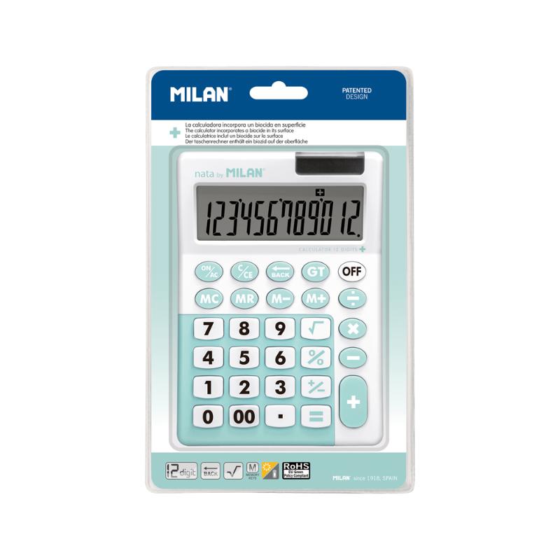 Turquoise 12-digit antibacterial desk calculator with silver phosphate glass for hygiene and dual power supply.