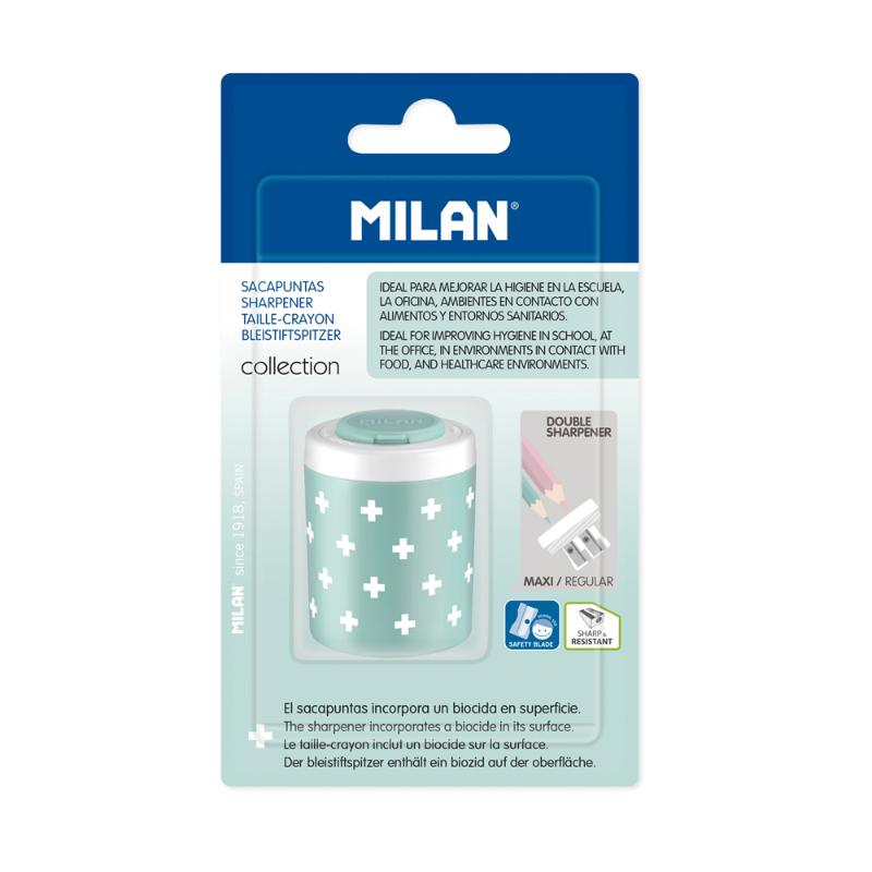 Milan Antibacterial 2 Hole Pencil Sharpener in turquoise, featuring a standard and MAXI sharpener, promotes hygiene with silver phosphate glass.