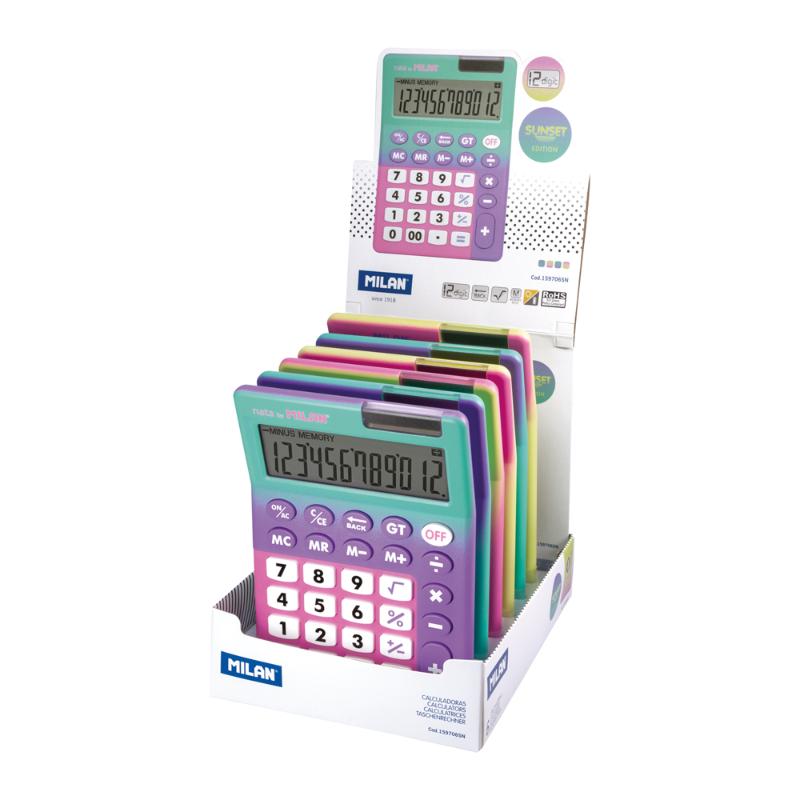 Milan Sunset Desk Calculator: 12-digit, dual power, vibrant colors, memory keys, square root and Grand Total functions.