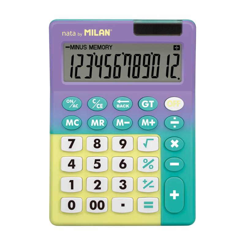 Milan Sunset Desk Calculator in vibrant colors, featuring 12 digits, memory keys, and eco-friendly dual power supply.