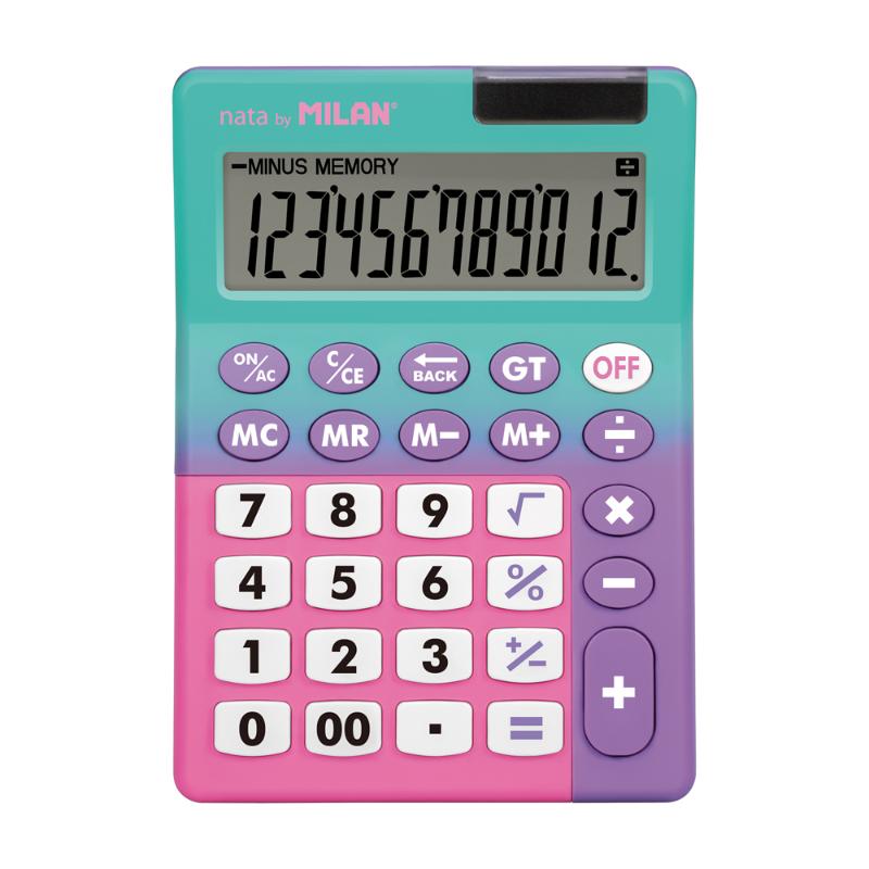 Milan Sunset Desk Calculator in vibrant colors with 12 digits, memory keys, and eco-friendly dual power supply.