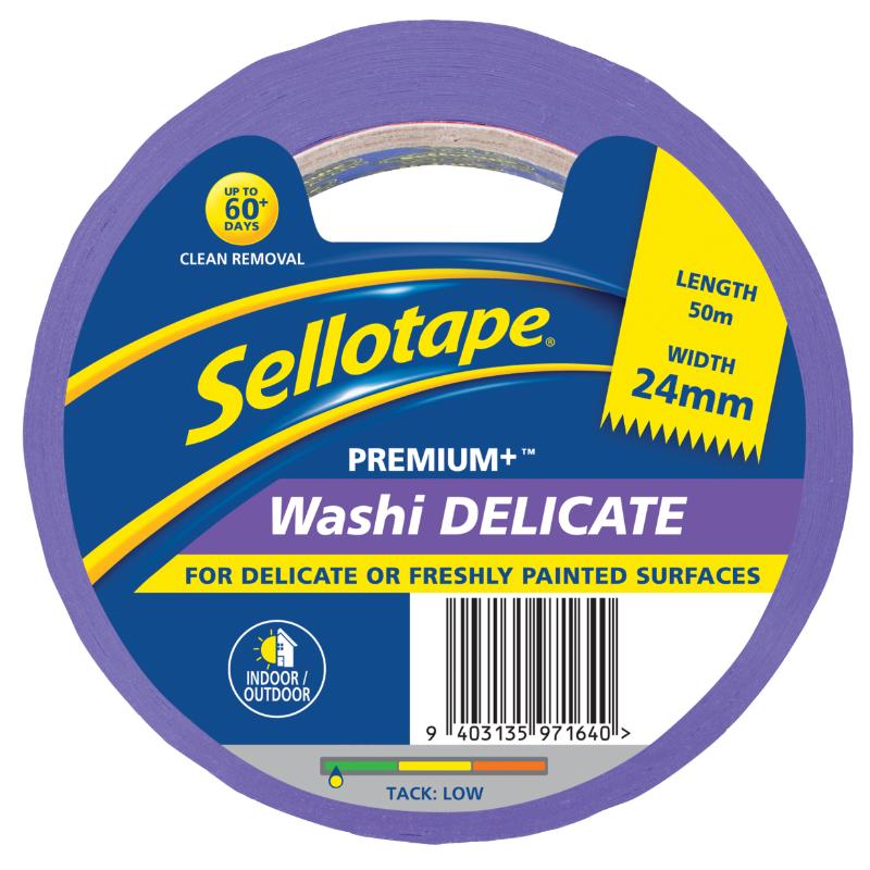 Sellotape Washi Premium+ Delicate tape, 24mm x 50m, versatile and eco-friendly for crafts, scrapbooking, and gift-wrapping.
