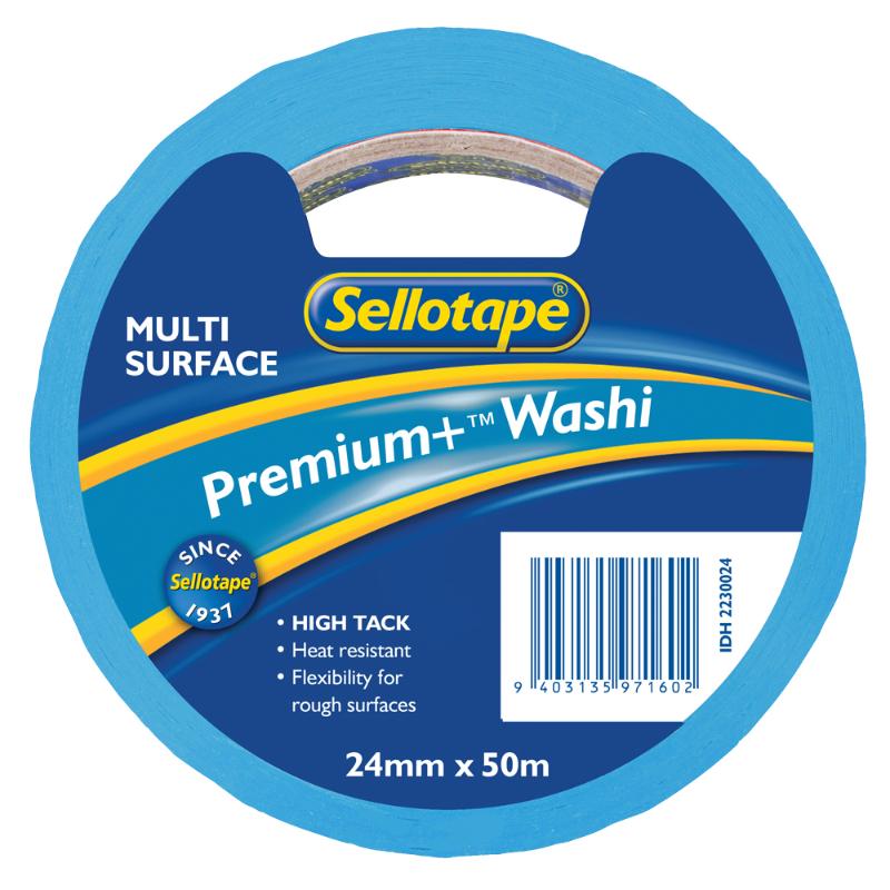 Sellotape Washi Premium+ Multi Surface tape in vibrant colors, perfect for DIY projects and crafting on various surfaces.