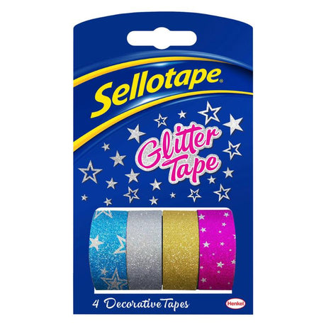 Four vibrant Sellotape On-Hand Glitter Refills (18mmx3m) designed for creative DIY projects and precise application.