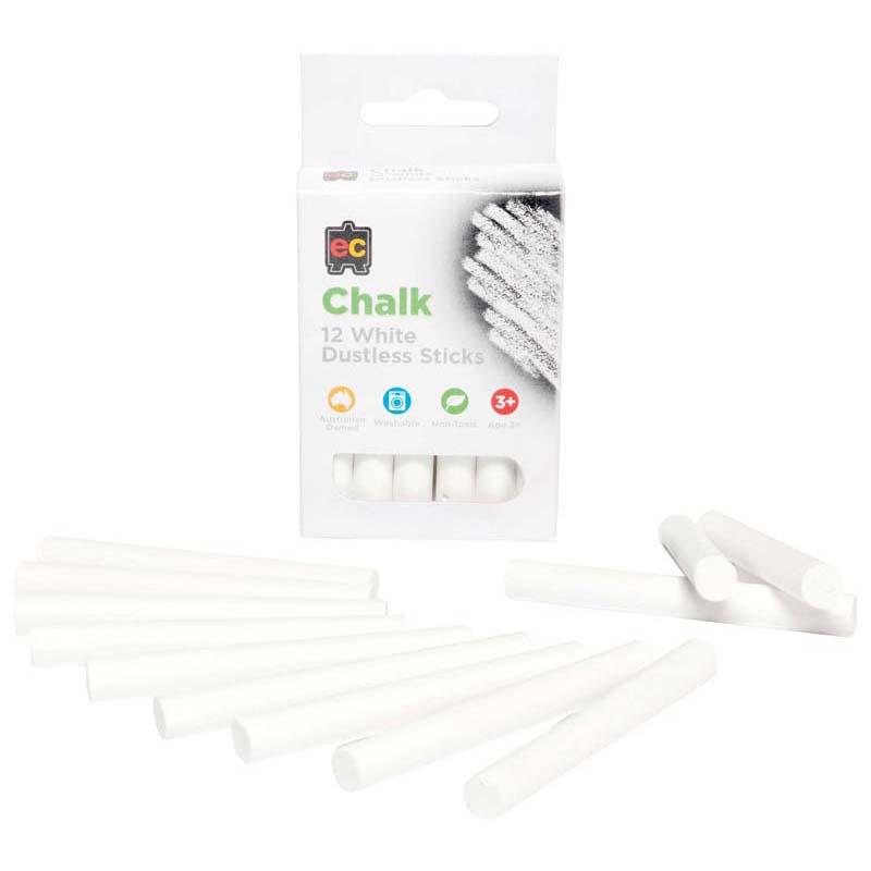 EC Dustless Chalk White 12 Pack for mess-free writing and drawing, non-toxic, vibrant strokes without dust.