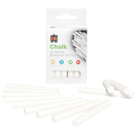 EC Dustless Chalk White 12 Pack for mess-free writing and drawing, non-toxic, vibrant strokes without dust.