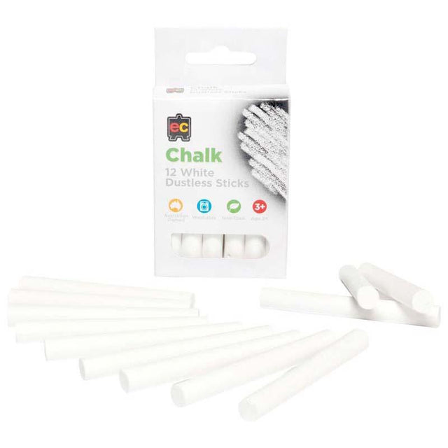 EC Dustless Chalk White 12 Pack for mess-free writing and drawing, non-toxic, vibrant strokes without dust.