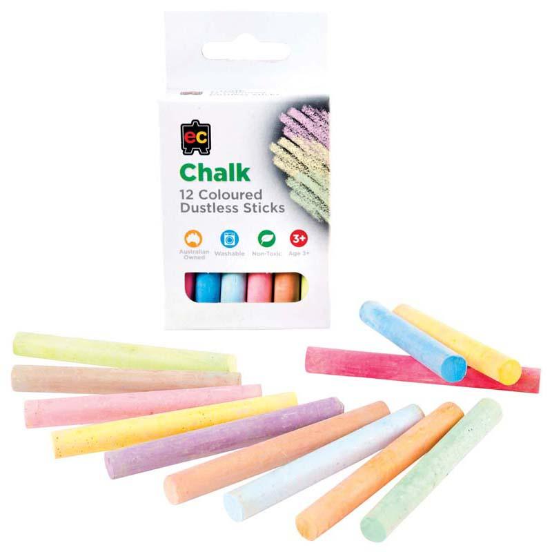 EC Dustless Chalk 12 Pack in vibrant colors, designed for mess-free, non-toxic use in classrooms and art projects.