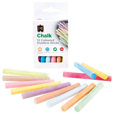 EC Dustless Chalk 12 Pack in vibrant colors, designed for mess-free, non-toxic use in classrooms and art projects.